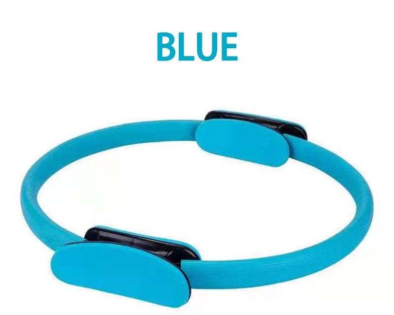 Blue exercise ring with black accents on a white background